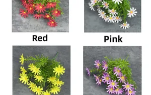 Close-up of artificial daisy bouquets in red, pink, yellow, and purple floral colors