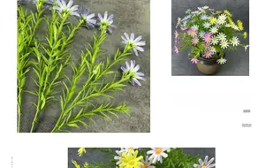 Close-up of multicolored artificial daisy bouquet with green leaves in a vase for home decor