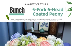 Detail of 5-fork 6-head artificial peony bouquet with coated fabric texture for home decor
