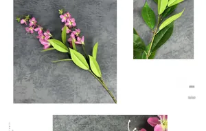 Detail showing 3D printed pink jasmine flowers with green leaves and realistic petals