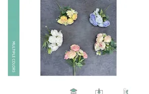 Flat lay of artificial peonies in yellow, blue, pink, and white for home decor