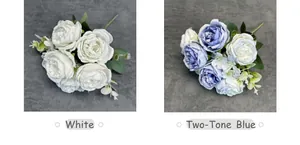 Detail view of artificial peony bouquets in pure white and duo-tone blue colors