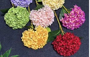 Vista dettagliata di ortensie artificiali colorate stampate in 3D con foglie verdi
