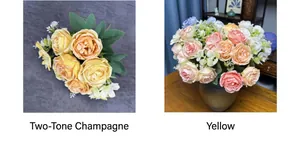 Detailed close-up of champagne and yellow artificial peonies for home and wedding decor