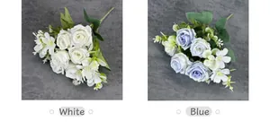 Detailed close-up of 6-head artificial roses in white and blue for home and wedding decor