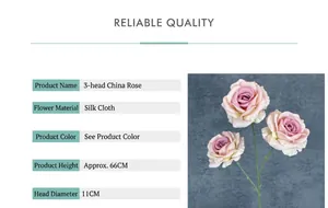 Detail view of 3-head artificial silk rose with 66cm stem and 11cm pink purple flower heads