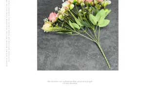 Vue macro de roses artificielles à 6 têtes rose et champagne pour décoration
