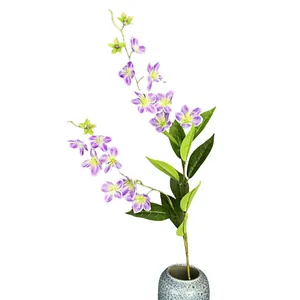 Artificial jasmine branch with purple striped 3D printed petals in a ceramic vase
