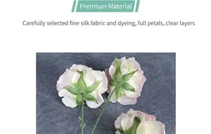 Detailed close-up showing high-quality silk fabric petals and green stem of pink faux roses