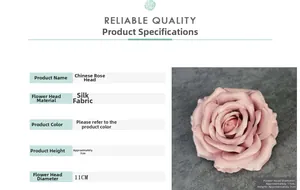 Macro detail of a 11cm dusty pink silk rose head with dimensions and material specs
