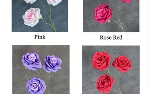 Close-up showing pink, rose red, purple and red artificial 3-head silk roses for decor