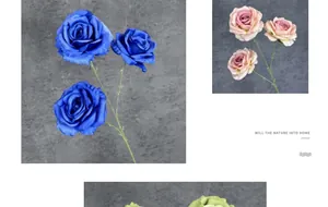 Detailed close-up of realistic royal blue and dusty pink 3-head artificial silk roses
