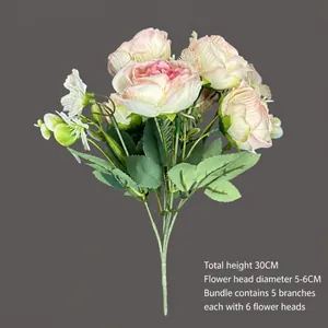 Faux silk peony bouquet with 6 pink and cream flower heads for home decor, 30cm height
