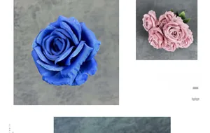 Detailed view of artificial 11cm silk roses in deep blue and pink with layered petals