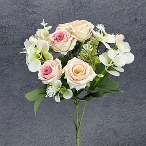 Artificial 6-head bouquet of pink silk roses for home decor, 30cm tall with 4cm flowers