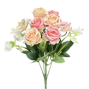 Bouquet de roses artificielles à 6 têtes rose et champagne pour décor de mariage