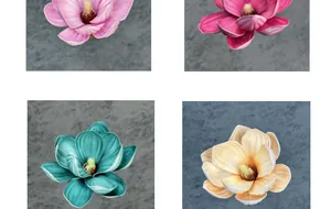 Detailansicht künstlicher EVA-Magnolienblütenköpfe in Rosa, Blau und Champagner