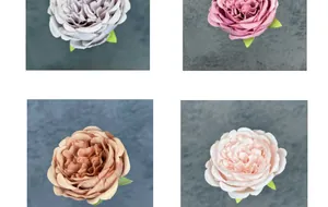 Dettaglio di teste di peonia in seta artificiale nei colori viola, rosa e caffè
