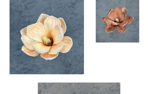 Makro-Detail des künstlichen Magnolienkopfes in Champagner mit realistischer Textur