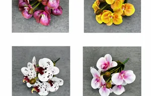 Detail of 3D printed artificial orchids in purple, orange, white and pink colors