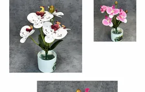Detail of 3D printed orchid petals in white and pink with painted ceramic pot