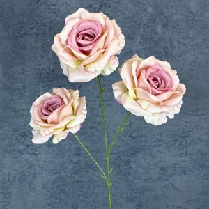 Three-head artificial silk rose flower branch in pink-purple gradient, 66cm height