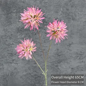 Pink artificial onion flower with three heads and long green stem for home decor