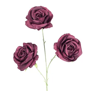 Roses artificielles en soie bordeaux à trois têtes sur tige avec feuilles réalistes