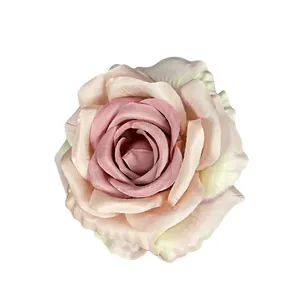 Artificial 11cm rose flower head in pink and beige gradient for wedding decoration