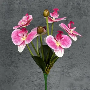 3D printed artificial pink orchid bouquet with 5 flowers and leaves, height 33cm