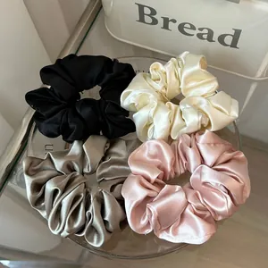 Set of 4 high-quality glossy satin scrunchies in black cream taupe and pink colors