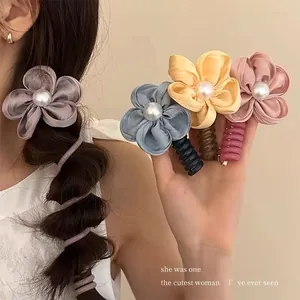 Satin Flower Faux Pearl Hair Ties Telephone Cord Spiral Hair Bands High Elastic Ponytail Holder Fashion Hair Accessories Women