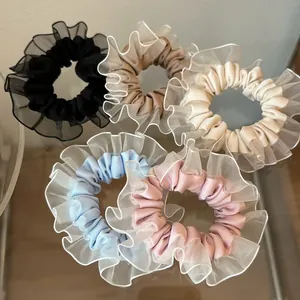 Coleteros Dulces de Satén y Organza con Volantes Retro Francés Elegantes Gomas de Pelo de Malla para Mujer Accesorios de Diario