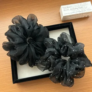 Elegant large black organza scrunchies with pearl dots and luxury ruffled design