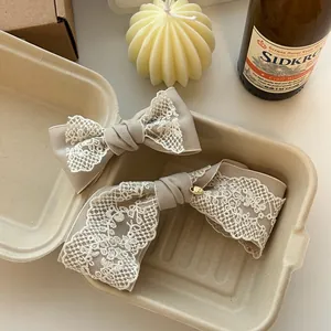 French Vintage Lace Bow Hair Clip Elegant Khaki Beige Ribbon Duckbill Side Clip Sweet Mori Style Hair Jewelry For Women
