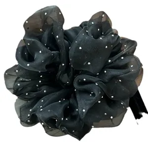 Elegant large black organza hair scrunchie with silver sequins and ruffled floral design