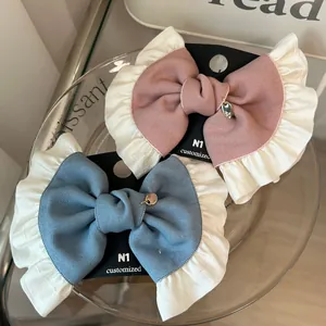 French vintage ballet style bow hair clips with ruffle lace and golden pendants