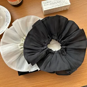 French style oversized pleated scrunchies in black and beige chiffon for elegant hair styling