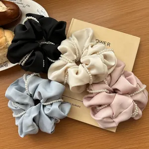 Women Elegant Satin Scrunchie With Faux Artificial Pearl Wrapped Hair Tie Fashion Solid Color Elastic Hair Band For Daily Dating