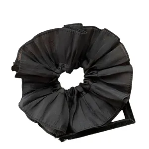 Large black pleated scrunchie in soft chiffon fabric for elegant women hair styling