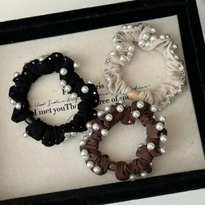 French Style Artificial Pearl Scrunchie Elegant Satin Fabric Hair Tie With Imitation Artificial Pearl Beads Fashion Hair Accessories For Women