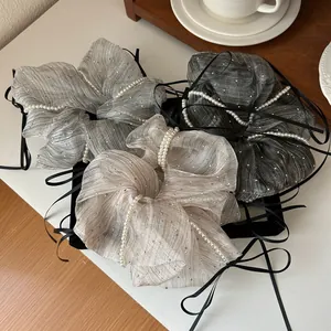 French Vintage Mesh Scrunchies With Faux Artificial Pearl Rhinestone Elegant Ribbon Bow Large Hair Ties For Women Hair Accessories