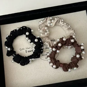 Elegant french style pearl hair scrunchies set in black, beige and brown colors