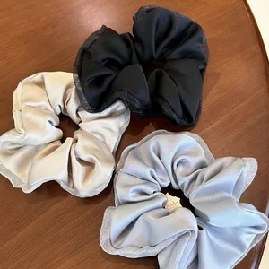 French Satin Mesh Lace Scrunchies Silver Glitter Edge Elastic Hair Ties Elegant Ponytail Holder For Women Fashion Accessories