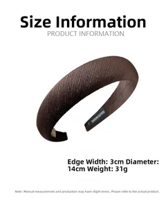 Deep brown velvet headband size chart showing 3cm width and 14cm diameter details