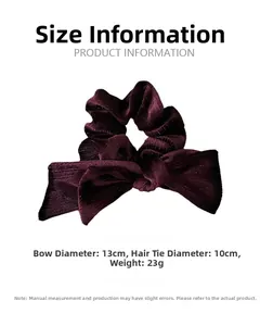 Detail view of velvet bow scrunchie with 13cm width and 10cm hair band diameter