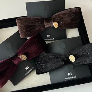 French Vintage Velvet Bow Hair Clip For Women Elegant Metallic Thread Ribbon Hairpin With Gold Metal Tag Spring Clip Daily Hair Accessories