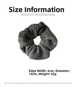 Macro detail of multicolored tweed scrunchie showing 6CM width and 14CM diameter