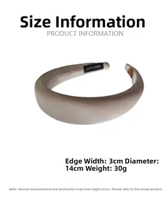 Detail view of beige satin sponge headband with size 14cm diameter and 3cm width