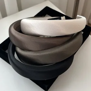 Women's Retro Satin Padded Sponge Headband Broad Brim High Skull Top Solid Color Handmade Korean Style Hair Accessory